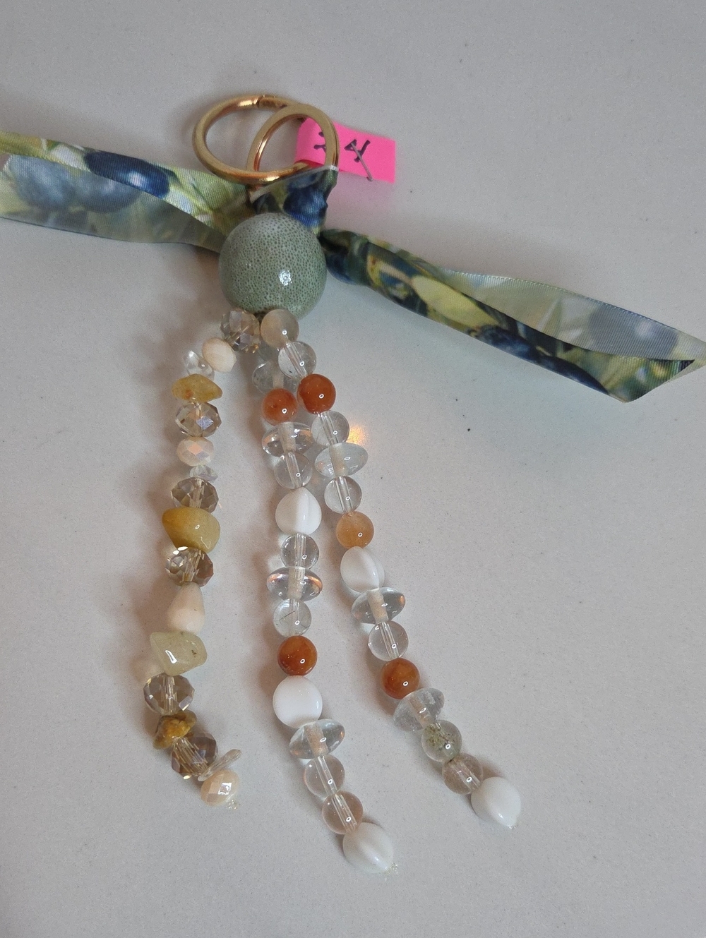 24 - Beaded Tassel Bag Charm - Neutral and Green Accents